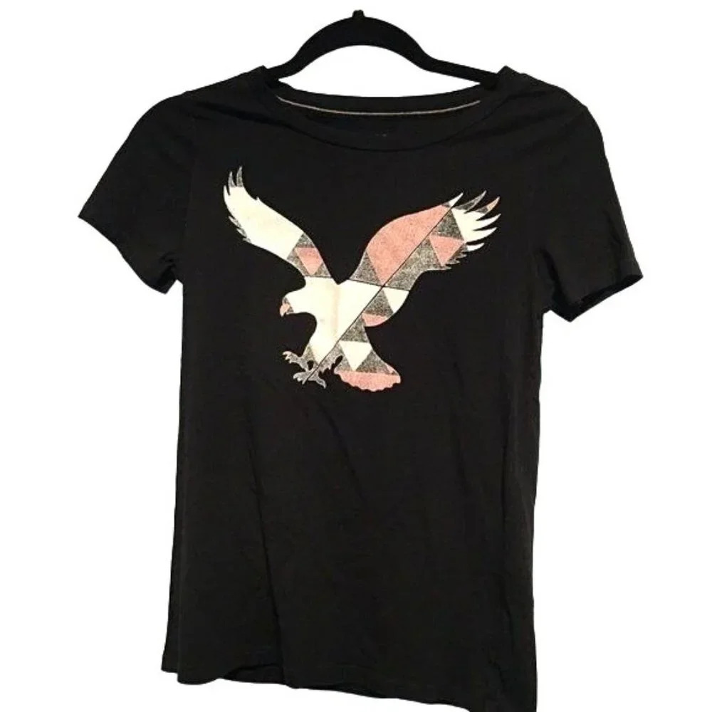 American Eagle T-Shirt Womens Black Pink Gray Eagle Size S/P/CH